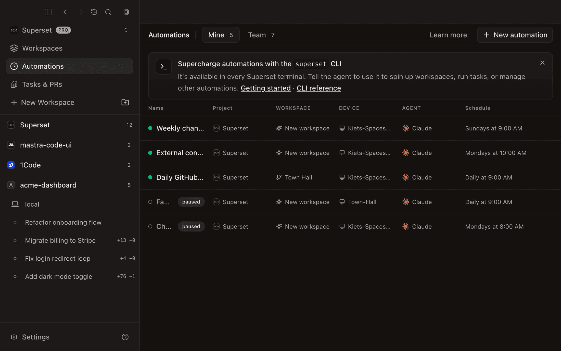 The Automations list with scheduled agent sessions