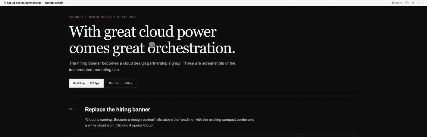 A Orca Page presenting a cloud signup design review, with a comment pinned to the headline