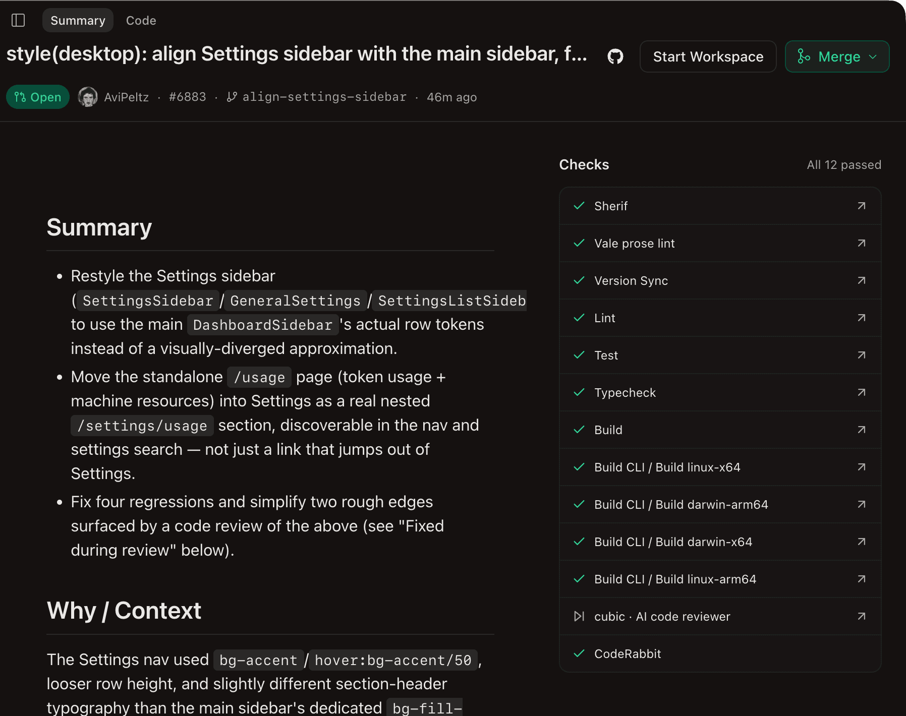 PR checks alongside the summary, with Start Workspace and Merge actions in the header