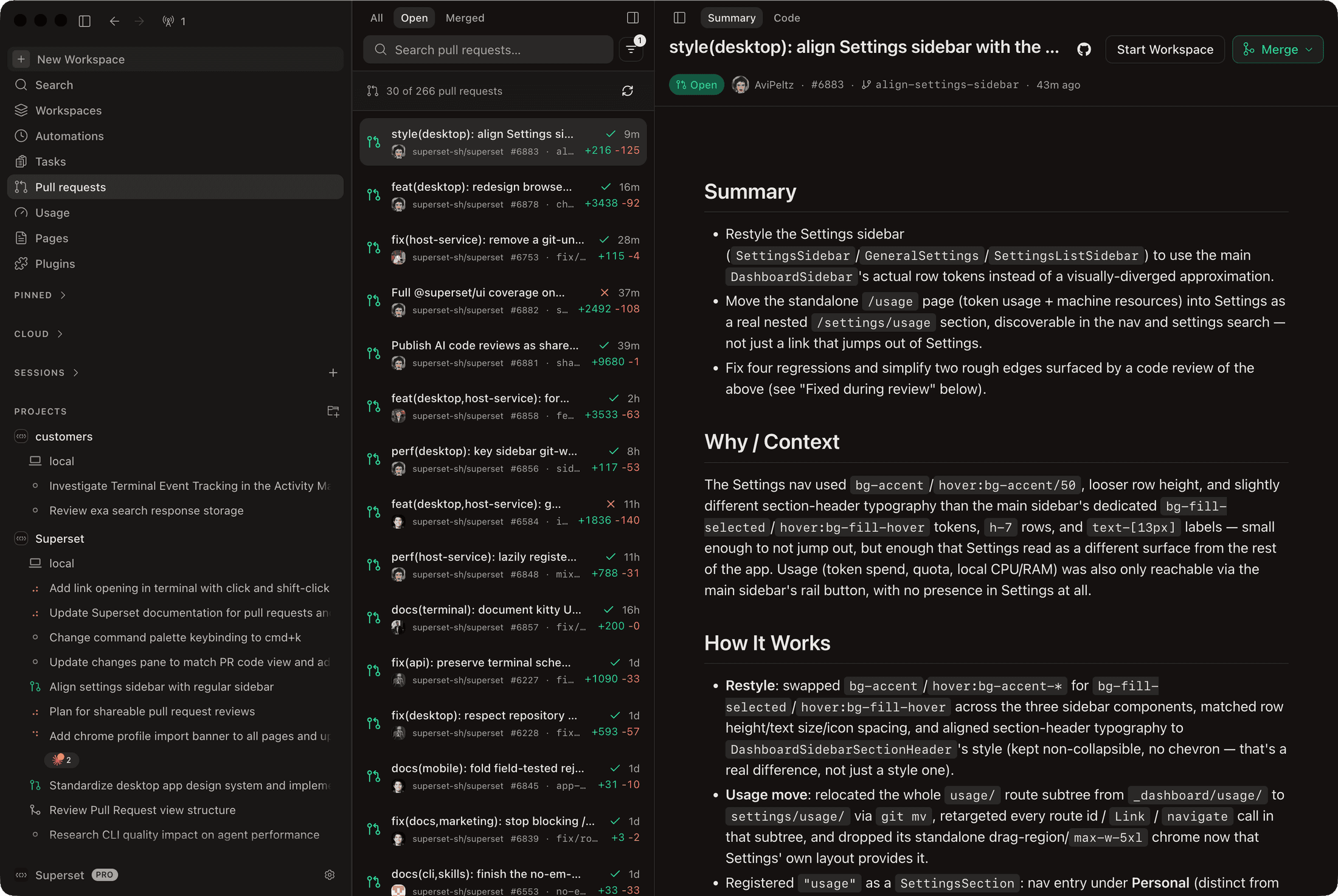 The Pull requests split view: filterable list on the left, detail with rendered markdown on the right