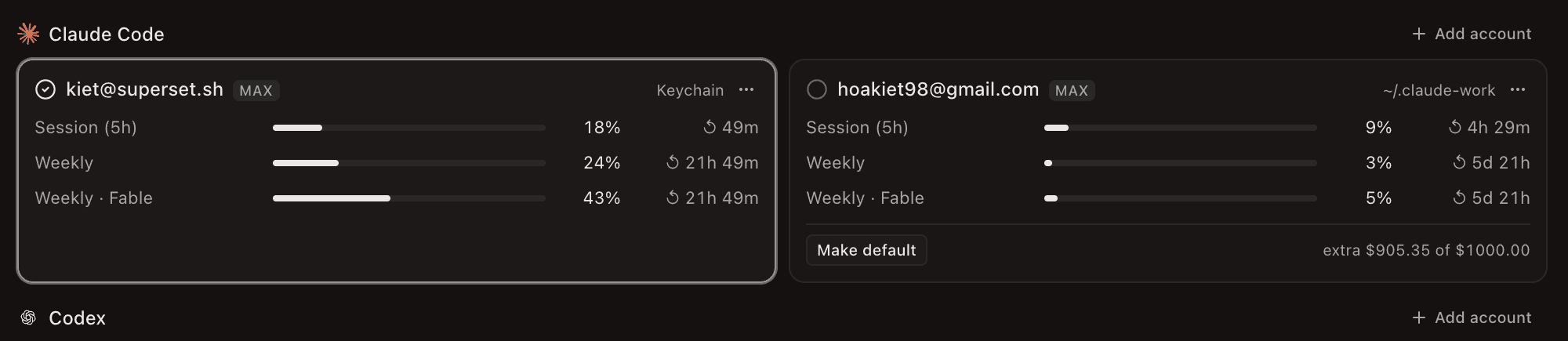 Two Claude Code accounts with quota meters, one marked as the default