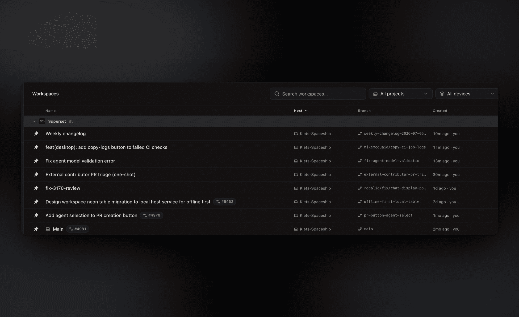 Every workstream is a workspace with its own branch